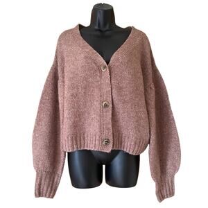 E&M Sweater Womens Size M Brown Cropped Wool Knit Cardigan Button Balloon Sleeve